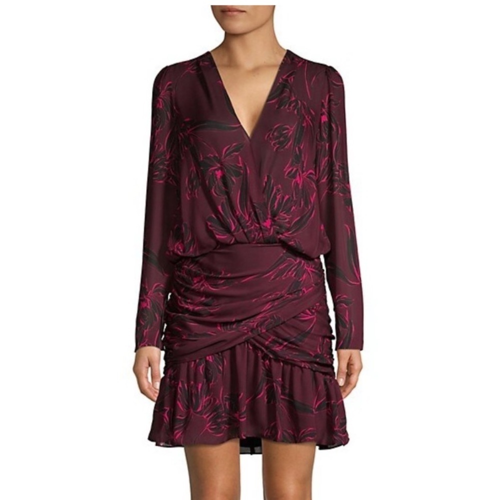 ALC Reese Floral Silk V Neck Dress in Wine Red